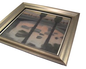 Original Clarice Beckett painting 'Princes Bridge' c.1930 framed in a Bellini champagne scoop frame with black inner edge.