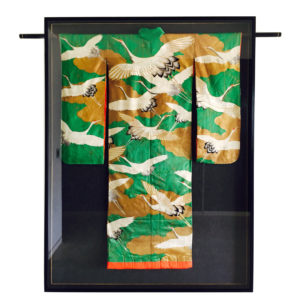 Japanese gold and silk kimono framed by Acme Framing in deep shadow box with customized hanger