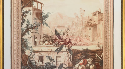 Silk scarf hand stitched to fabric backing with gold frame