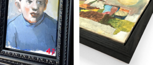 Examples of paintings on canvas framed in float-frames that have been ‘stacked’ (combined) with regular frames. Left: Painting on canvas by McLean Edwards, in black float-frame stacked with ornate frame in satin black finish. Right: detail of painting on canvas, in natural timber float frame stacked with Tasmanian Oak frame, both hand-stained and waxed in charcoal finish.