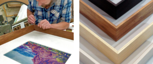 An image of Acme Framing workshop staff completing finishing touches to an Albert Namatjira watercolour framed in the Australian Blackwood version of Acme Framing’s wedge frame. Right: A sample of a few of the different timbers and finishes that the Acme Wedge is available in, from top to bottom – hand-stained and waxed in charcoal black, Australian Blackwood in natural wax finish; and raw and lime-washed Ayous aka Obeche.