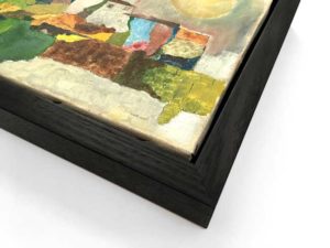 Image of painting on canvas framed in timber floatframe, stacked with charcoal stained and waxed wooden frame